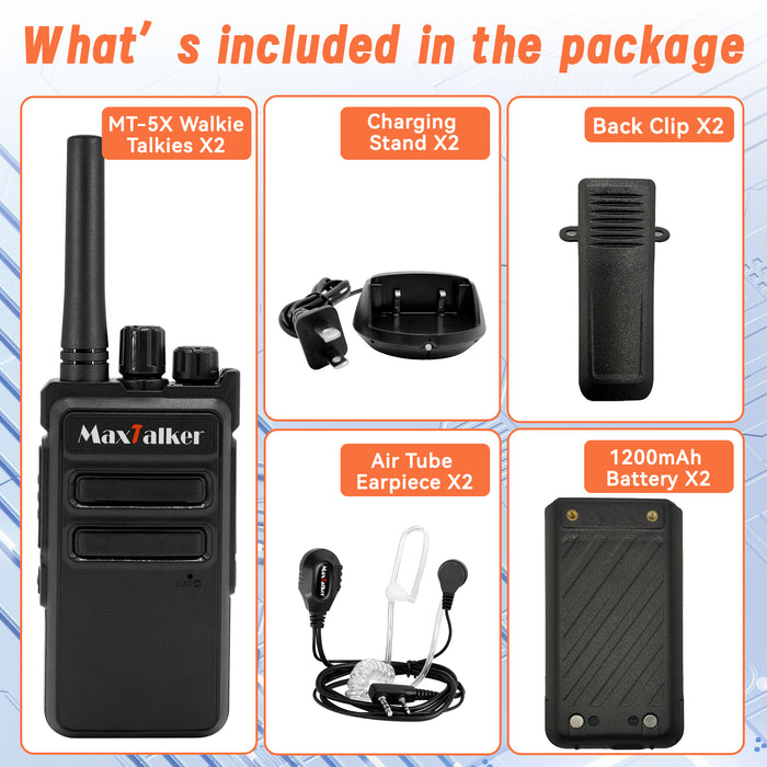 MaxTalker MT-5X Rechargeable Walkie Talkies | Compact Two-Way Radios with Earpiece