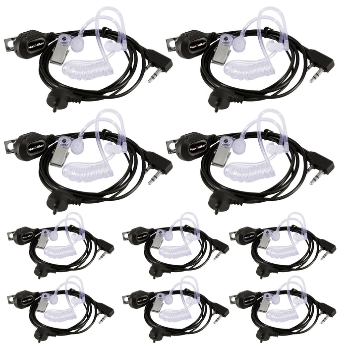 MaxTalker 2-Pin Acoustic Tube Earpiece 10-Pack | Noise-Canceling Mic for Two-Way Radios