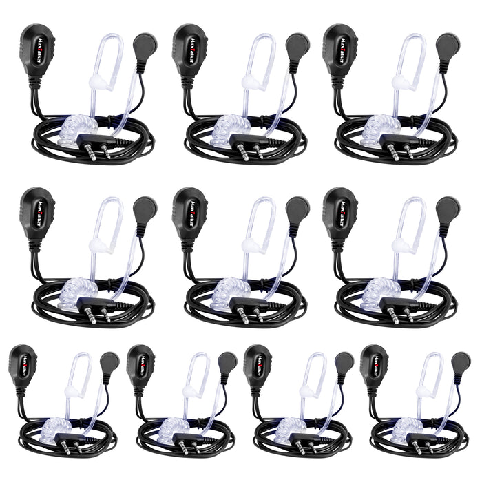 MaxTalker 2-Pin Acoustic Tube Earpiece 10-Pack | Noise-Canceling Mic for Two-Way Radios
