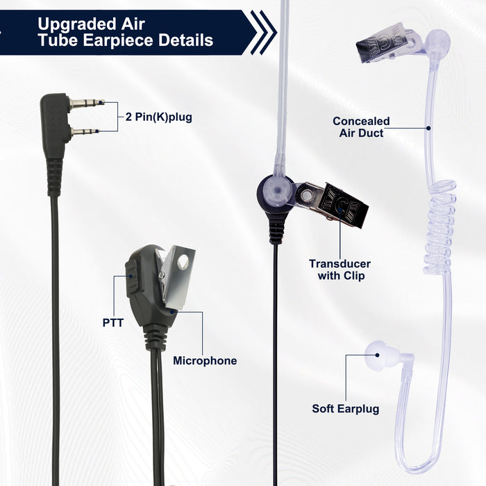 MaxTalker 2-Pin Acoustic Tube Earpiece 10-Pack | Noise-Canceling Mic for Two-Way Radios