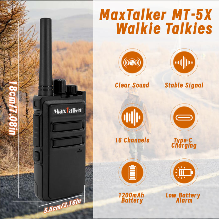 MaxTalker MT-5X Rechargeable Walkie Talkies | Compact Two-Way Radios with Earpiece